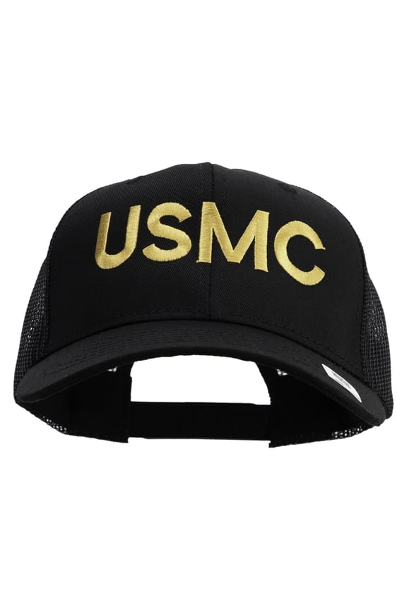 USMC Letter Embroidered 6 Panel Structured Cotton Twill Mesh Cap Made in USA - Black OSFM