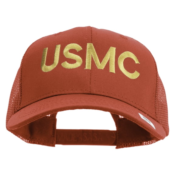 USMC Letter Embroidered 6 Panel Structured Cotton Twill Mesh Cap Made in USA - Red OSFM