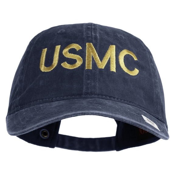 USMC Letter Embroidered Washed Solid Pigment Dyed Cotton Twill Brass Buckle Cap - Navy OSFM