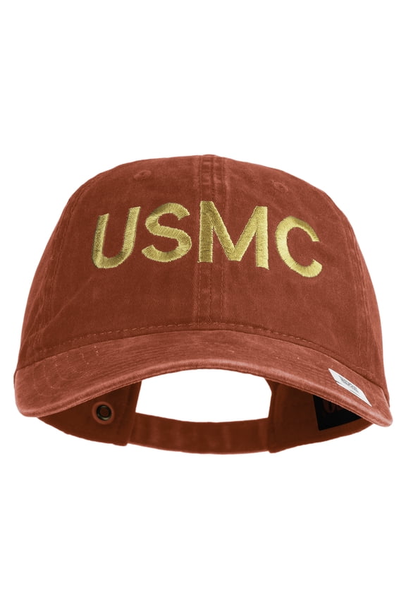 USMC Letter Embroidered Washed Solid Pigment Dyed Cotton Twill Brass Buckle Cap - Red OSFM