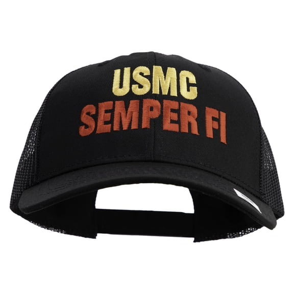 USMC Semper Fi Embroidered 6 Panel Structured Cotton Twill Mesh Cap Made in USA - Black OSFM