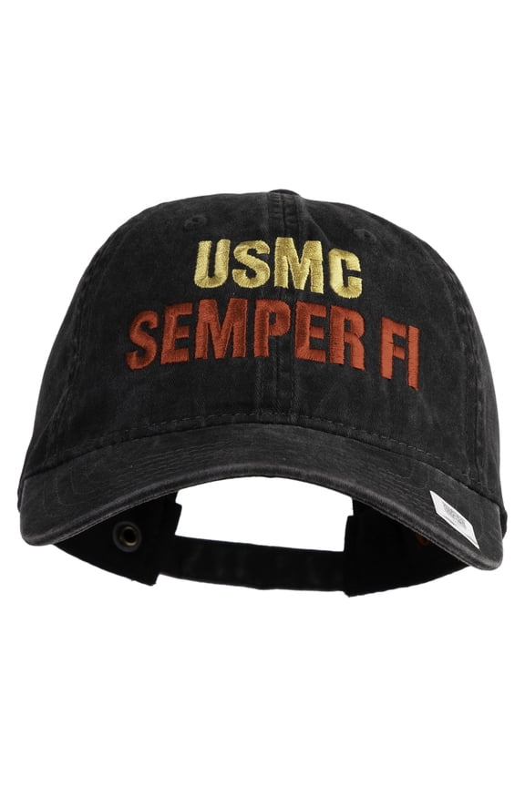 USMC Semper Fi Embroidered Washed Solid Pigment Dyed Cotton Twill Brass Buckle Cap - Black OSFM