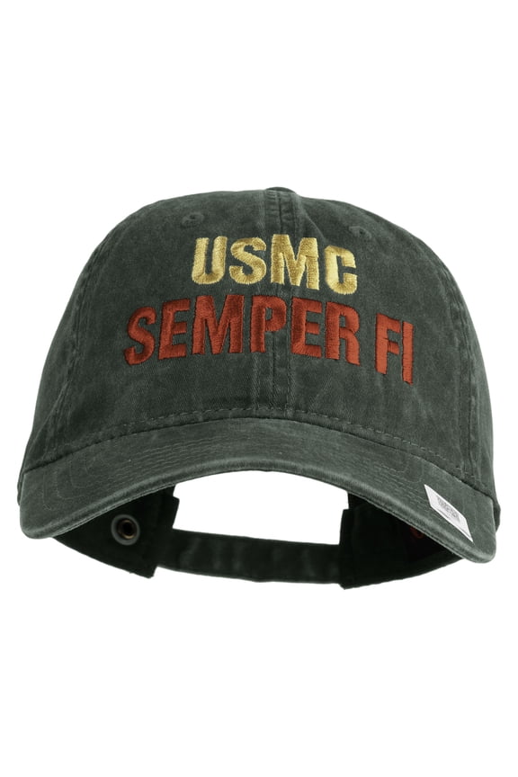 USMC Semper Fi Embroidered Washed Solid Pigment Dyed Cotton Twill Brass Buckle Cap - Dk Green OSFM