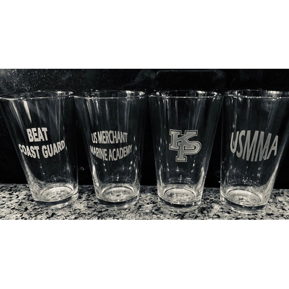 USMMA Merchant Marine Academy KP- Set of 4 - 16oz Pint Drink Glasses Custom Sand Carved USNA USAFA USMA USCGA graduation commencement