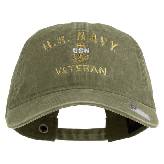 USN Veteran Military Embroidered Washed Solid Pigment Dyed Cotton Twill Brass Buckle Cap - Khaki OSFM