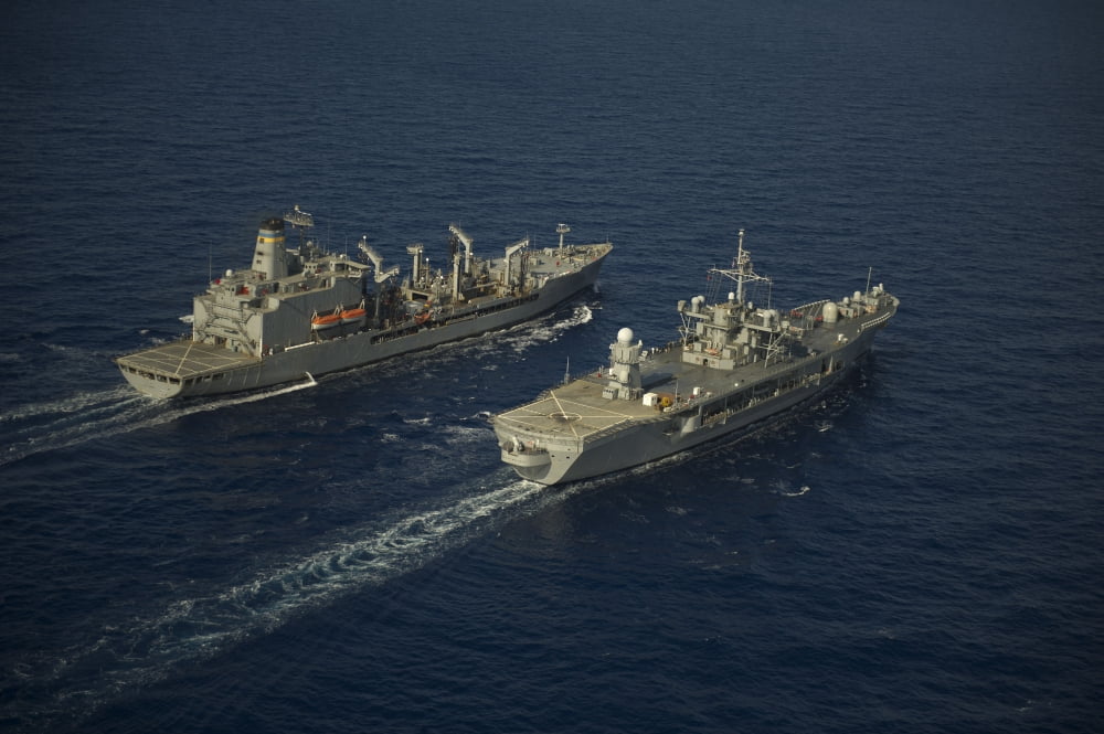 USNS Leroy Grumman conducts a replenishment at sea with USS Mount Whitney Canvas Art - Stocktrek Images (35 x 23)