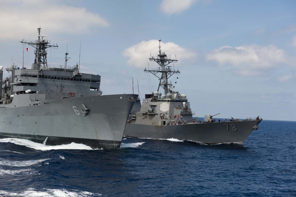 USNS Supply conducts a replenishment at sea with USS Porter Canvas Art - Stocktrek Images (34 x 23)
