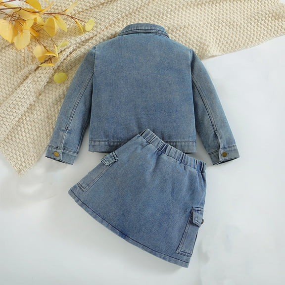 USNSM 1-5 Years Girls Autumn Clothing Set Toddler Girls Long Sleeve Solid Color Top Denim Skirt Set Soft Comfy Breathable Casual Suit Blue 6Y