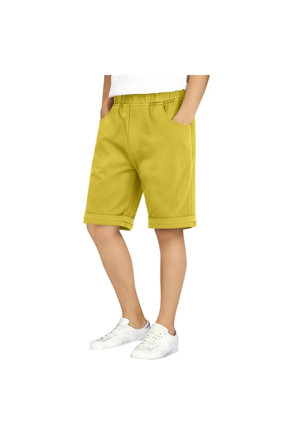 (2-12 Years) Boys' Summer Solid Color Cotton Elastic Waist Five-Point Pants with Pockets Leisure Sports Shorts Yellow 7-8 Years