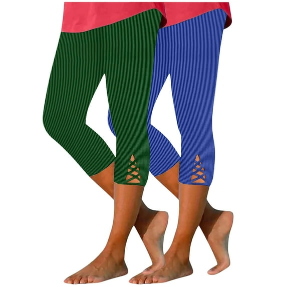 USNSM 2 Pack Capri Leggings for Women Tummy Control Workout Capri Leggings Casual Solid Color Stripe Print Trousers Multicolor#05 XL