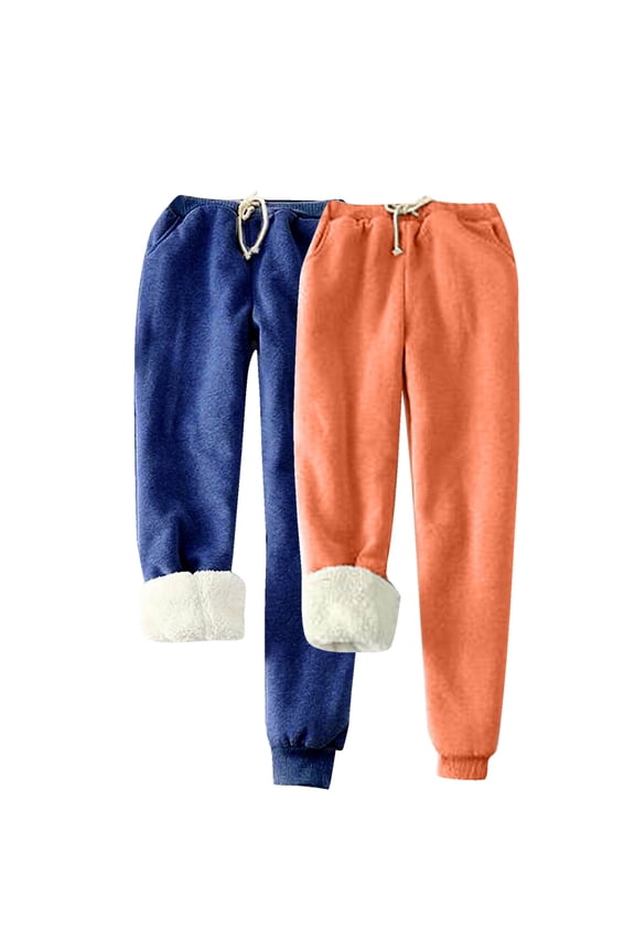 2 Pack Fleece Lined Pants for Women Sherpa Jogger Sweatpants Heavyweight Thick Drawstring Trousers with Pockets Blue L