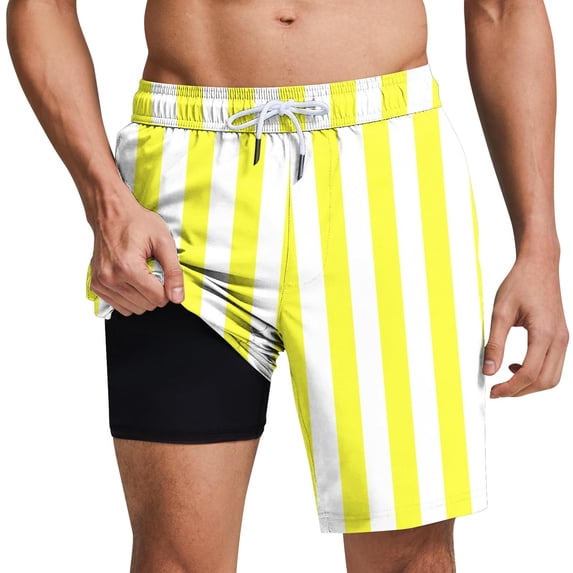 USNSM 2 in 1 Mens Swim Trunks Quick Dry Elastic Waistband Drawstring Shorts Beach Swim Shorts Bathing Suit with Compression Liner Yellow M