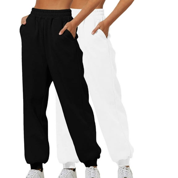 USNSM 2PC Casual Trousers for Women Baggy Athleisure Joggers Pants Solid Color Soft Lounge Trousers with Pockets White M