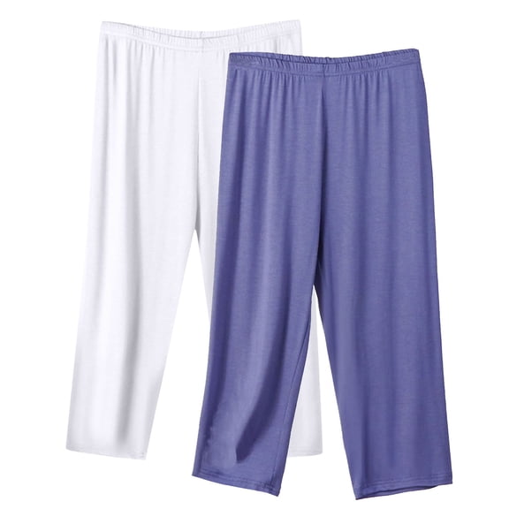 USNSM 2PC Women's Casual Capris Pants Solid Color Thin Elastic Waist Loose Oversize Home Sports Pants Can Be Worn Outside Purple XL