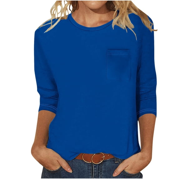 USNSM 3/4 Sleeve Summer Womens Tops Casual Loose Fit Crewneck T Shirts Cute Solid Three Quarter Length Tunic Tees Blouse with Pockets Dark Blue L