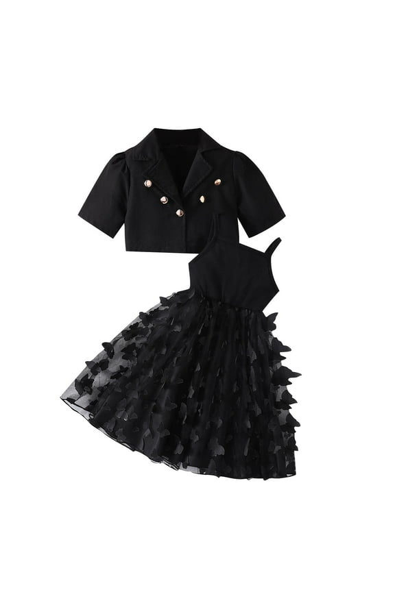 (3-9 Years Old) Girl's Solid Color Casual Fashion Short Suit Jacket+butterfly Mesh Suspender Dress Two-Piece Suit Black 4 Years