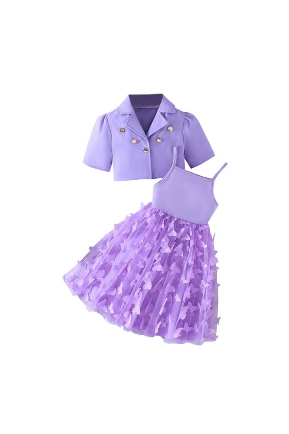 (3-9 Years Old) Girl's Solid Color Casual Fashion Short Suit Jacket+butterfly Mesh Suspender Dress Two-Piece Suit Purple 4 Years