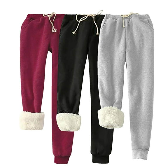 USNSM 3 Pack Fleece Lined Pants for Women Baggy Jogger Sweatpants Winter Drawstring Thermal Trousers with Pocket Gray XL