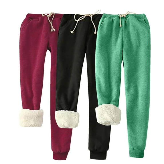 USNSM 3 Pack Fleece Lined Pants for Women Baggy Jogger Sweatpants Winter Drawstring Thermal Trousers with Pocket Green XXXL