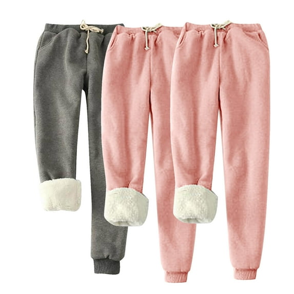 USNSM 3PC Women's Sherpa Lined Sweatpants Winter Warm Fleece Jogger Pants Soft Comfy Active Trousers with Pockets Pink L