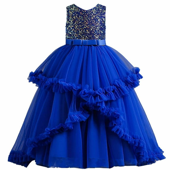 USNSM (4-12 Years) Middle-Aged Children' Baby Girls Sleeveless Mesh Sequined Dress Casual Fashion Princess Dress Blue 7-8 Years