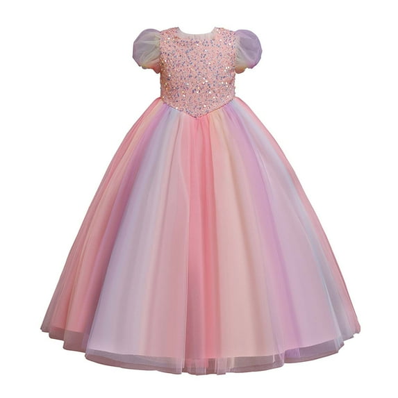 USNSM (4-14 Years) Children's Dress Girl's Puff Sleeve Princess Dress Long Sequin Dress Dress Size 110-160 Colorful 7-8 Years