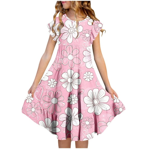 USNSM (6-15 Years) Middle and Older Children Girls Summer Short-Sleeved Floral Print Waisted Pockets Layered Dress Round Neck Dresses Multicolor 10-11 Years