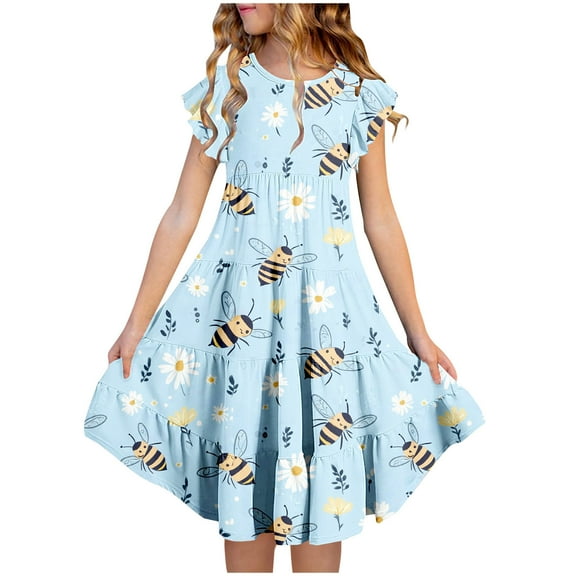 USNSM (6-15 Years) Middle and Older Children Girls Summer Short-Sleeved Floral Print Waisted Pockets Layered Dress Round Neck Dresses Multicolor 6-7 Years