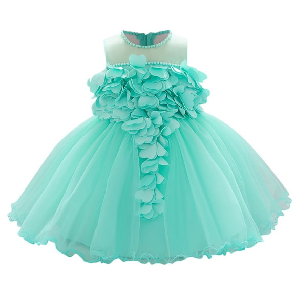 USNSM (6-24 Months) Toddler Girls Cute Flower Pearl Mesh Birthday Dress Spring Fall Casual Fashion Long Dresses Green 6-12 Months