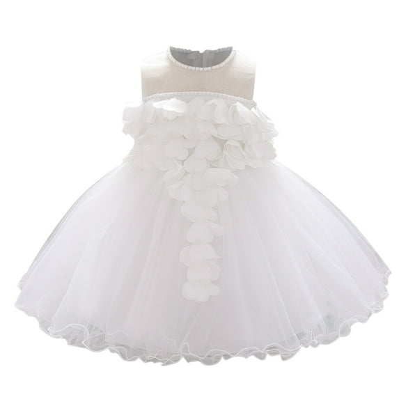 USNSM (6-24 Months) Toddler Girls Cute Flower Pearl Mesh Birthday Dress Spring Fall Casual Fashion Long Dresses White 6-12 Months