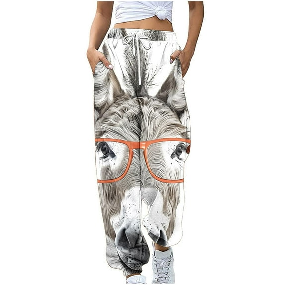 USNSM Baggy Pants for Women Funny Donkey Animal Print Pajama Straight Pants Lounge Workout Wide Leg Pants with Pockets Gray#06 XL