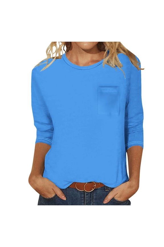 Basic Solid Color Blouses for Women Crew Neck 3/4 Length Sleeve Tops Summer Shirts Relaxed Fit Tee with Pockets Front Blue M
