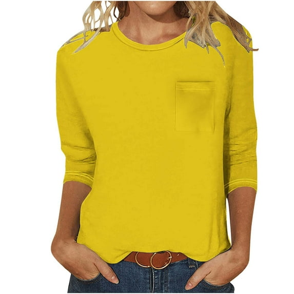 USNSM Basic Solid Color Blouses for Women Crew Neck 3/4 Length Sleeve Tops Summer Shirts Relaxed Fit Tee with Pockets Front Yellow S