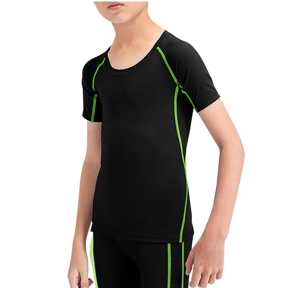USNSM Boys Solid Color Athletic Training Tight Fit Quick Dry Comfort Breathable Shirt Short Sleeve Round Neck Top Black 120