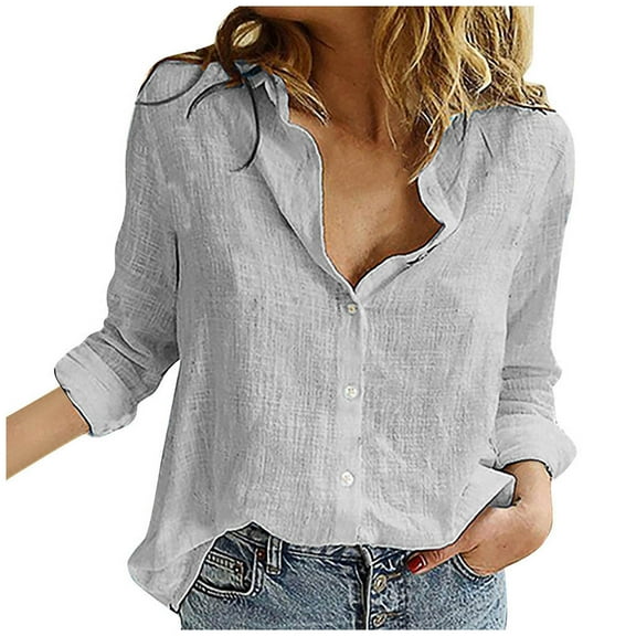 USNSM Button Linen Shirts for Women Summer Long Sleeve Casual Lapel V Neck Plain Tees Shirt Loose Oversized Baggy Soft Cotton Blouse Gray M