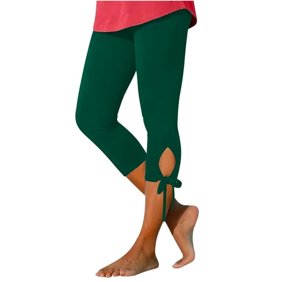 USNSM Capri Leggings for Women&Tummy Control Knee Length Hem Tie Pants Summer Capri Leggings Pants Casual Solid Color Capris Green M