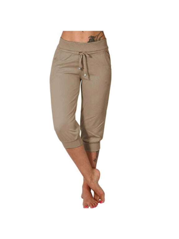 Capri Pants for Women Stretch Waist Drawstring Sweatpant Casual Summer Cropped Pants Workout Yoga Tapered Joggers Khaki M