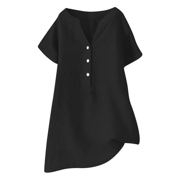 USNSM Casual Button V Neck Plain Tees Shirt for Women Plus Size Summer Short Sleeve Solid Color Long T-Shirts Tops Loose Fit Soft Cotton and Linen Blouse Black M