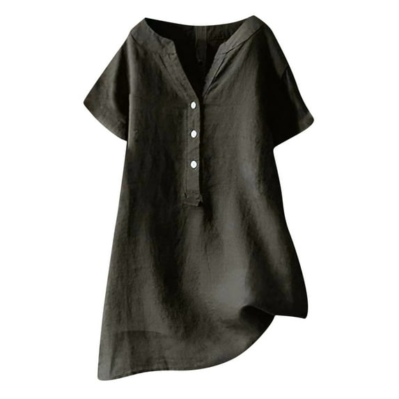 USNSM Casual Button V Neck Plain Tees Shirt for Women Plus Size Summer Short Sleeve Solid Color Long T-Shirts Tops Loose Fit Soft Cotton and Linen Blouse Dark Gray M