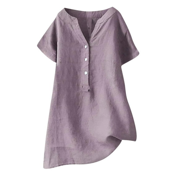 USNSM Casual Button V Neck Plain Tees Shirt for Women Plus Size Summer Short Sleeve Solid Color Long T-Shirts Tops Loose Fit Soft Cotton and Linen Blouse Light Purple XXXL