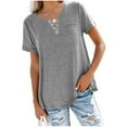 thumbnail image 1 of USNSM Casual Button V Neck Plain Tees Shirt for Women Summer Short Sleeve Solid Workout T-Shirts Tops Loose Fit Comfy Baggy Blouse Gray XL, 1 of 4