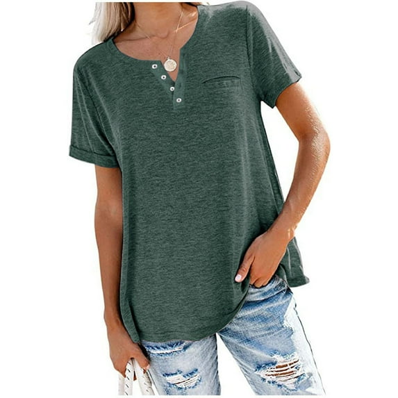 USNSM Casual Button V Neck Plain Tees Shirt for Women Summer Short Sleeve Solid Workout T-Shirts Tops Loose Fit Comfy Baggy Blouse Green M