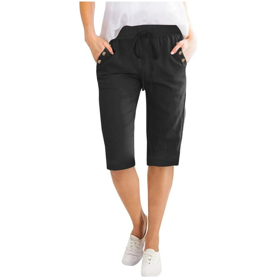 USNSM Casual Capri Pants for Women 2024 Summer Drawstring Elastic High Waist Linen Pants Wide Leg Plus Size Lounge Capris Pants Black XL
