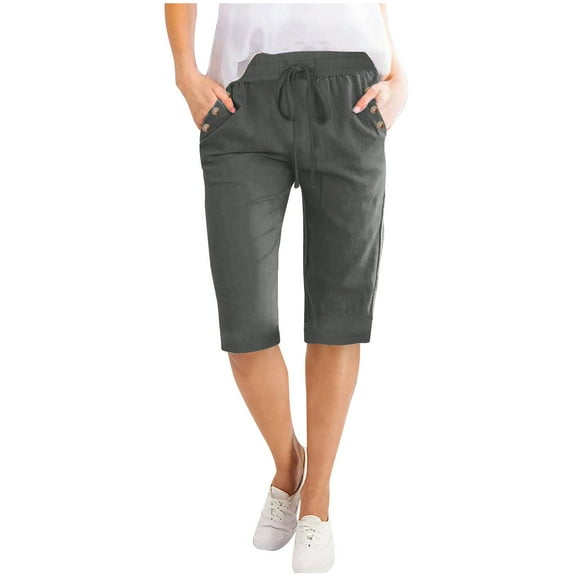 USNSM Casual Capri Pants for Women 2024 Summer Drawstring Elastic High Waist Linen Pants Wide Leg Plus Size Lounge Capris Pants Dark Gray XL