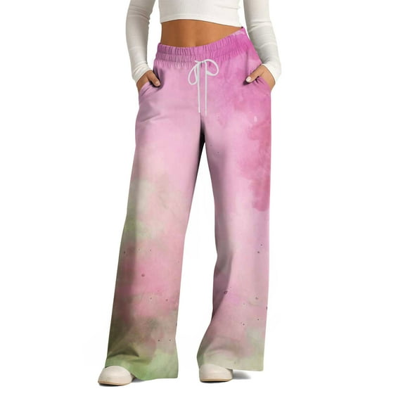 USNSM Casual Pants for Women Trendy Tie Dye Wide Leg Loose Pants Women Summer Beach High Waist Palazzo Trousers Pink M