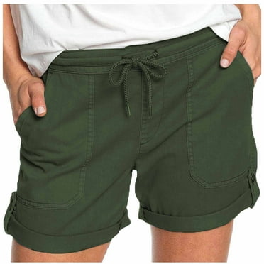 USNSM Casual Shorts for Women Casual Drawstring Elastic Waist Summer Beach Rolled Shorts Cotton Loose Shorts with Pockets Army Green S