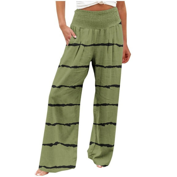 USNSM Comfy Pajama Pants for Women Casual Stripe Print Palazzo Pants Lounge Stretch Wide Leg Trousers with Pockets Army Green L