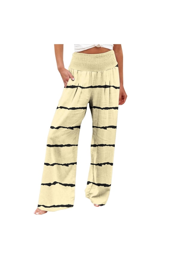 Comfy Pajama Pants for Women Casual Stripe Print Palazzo Pants Lounge Stretch Wide Leg Trousers with Pockets Beige XL
