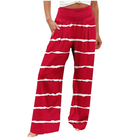 USNSM Comfy Pajama Pants for Women Casual Stripe Print Palazzo Pants Lounge Stretch Wide Leg Trousers with Pockets Red S