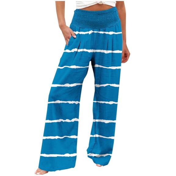 USNSM Comfy Pajama Pants for Women Casual Stripe Print Palazzo Pants Lounge Stretch Wide Leg Trousers with Pockets Sky Blue S